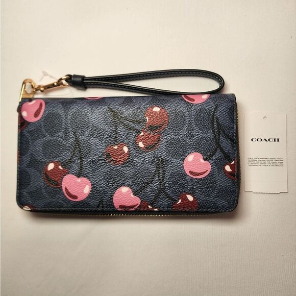 NWWT Coach CZ328 Long Zip Around Wallet Denim Signature Canvas Cherry Print - Picture 2 of 3